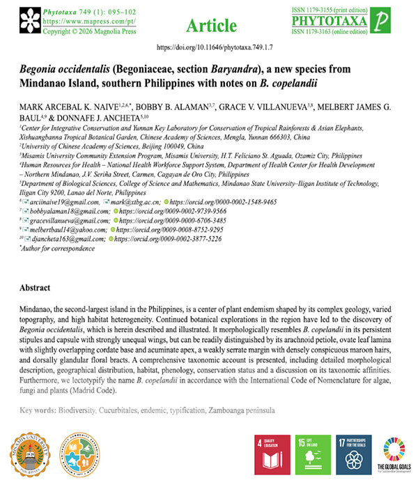 Misamis University Researchers Contribute to Discovery of New Begonia Species in Mindanao